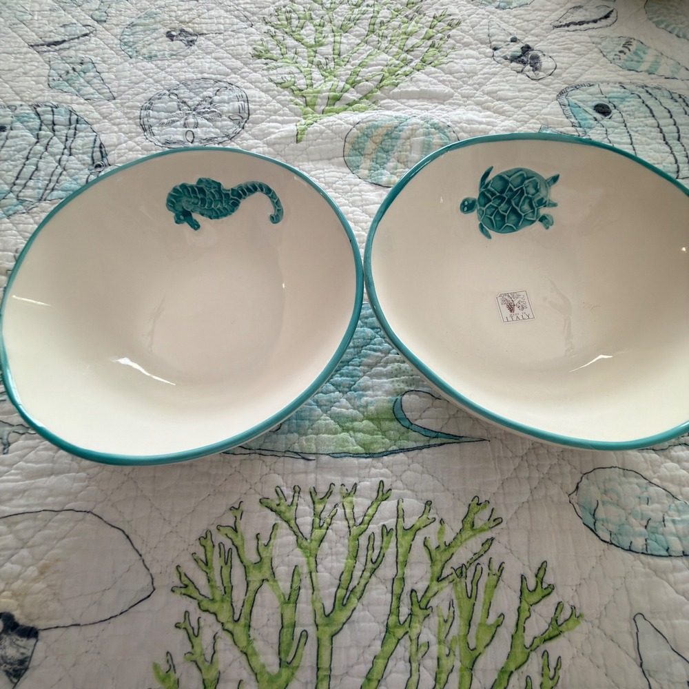 Maioliche Jessica, Italy Ceramic Coastal Bowls Set 2 Sea Turtle Seahorse Teal